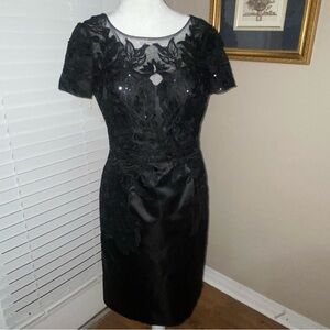 JJ's House Black Satin Cocktail Dress Lace Illusion Sequin Applique Party READ